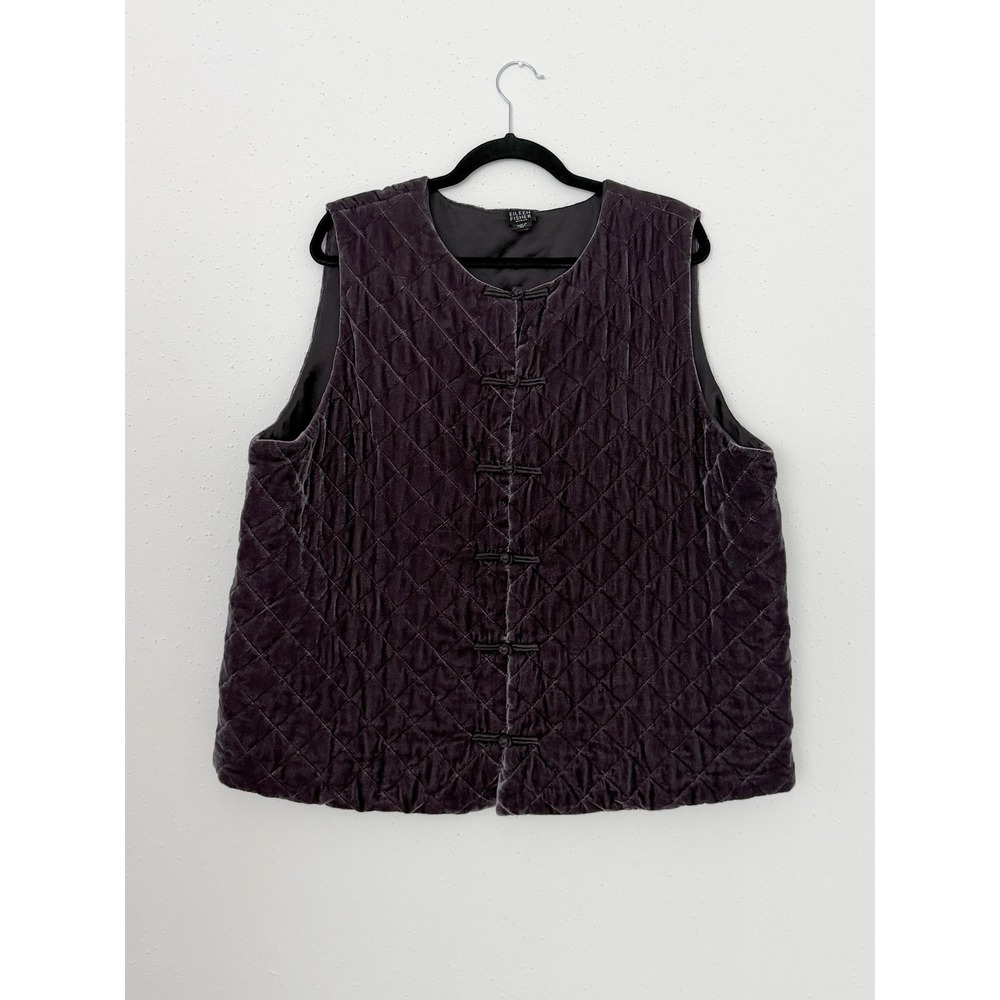Eileen Fisher Purple Crushed Velvet Quilted Silk Blend Vest Frog Closure 2X
